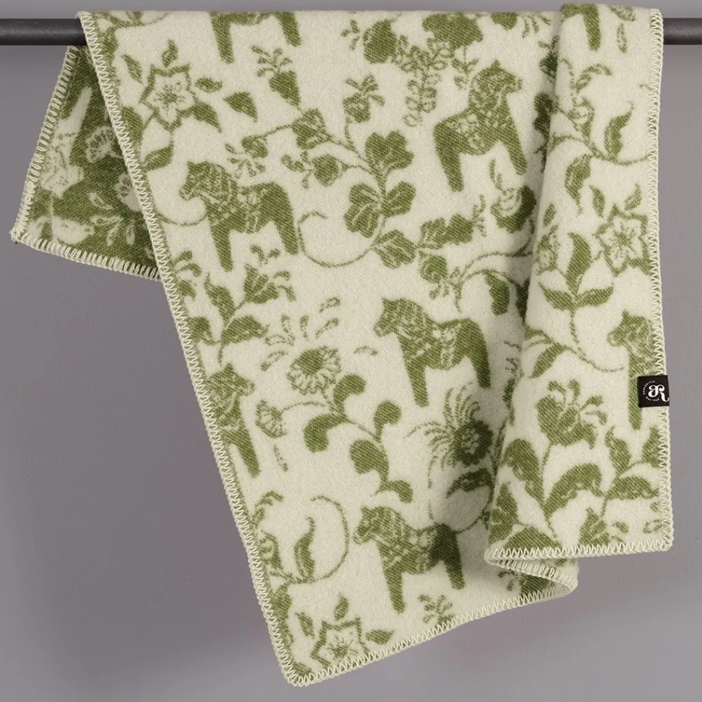 Arvidssons textil Babyfiltar|Ullplädar|Barnfilt Leksand grön 65x95cm med dalahästar och kurbits
