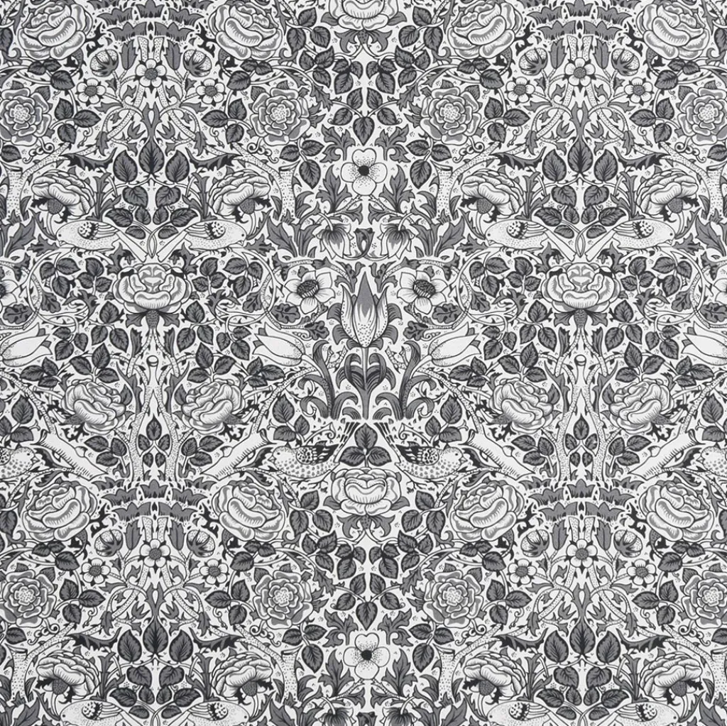 Arts & Crafts Tyger|Gardintyger Mönstrade|Birds and roses vit-svart tyg