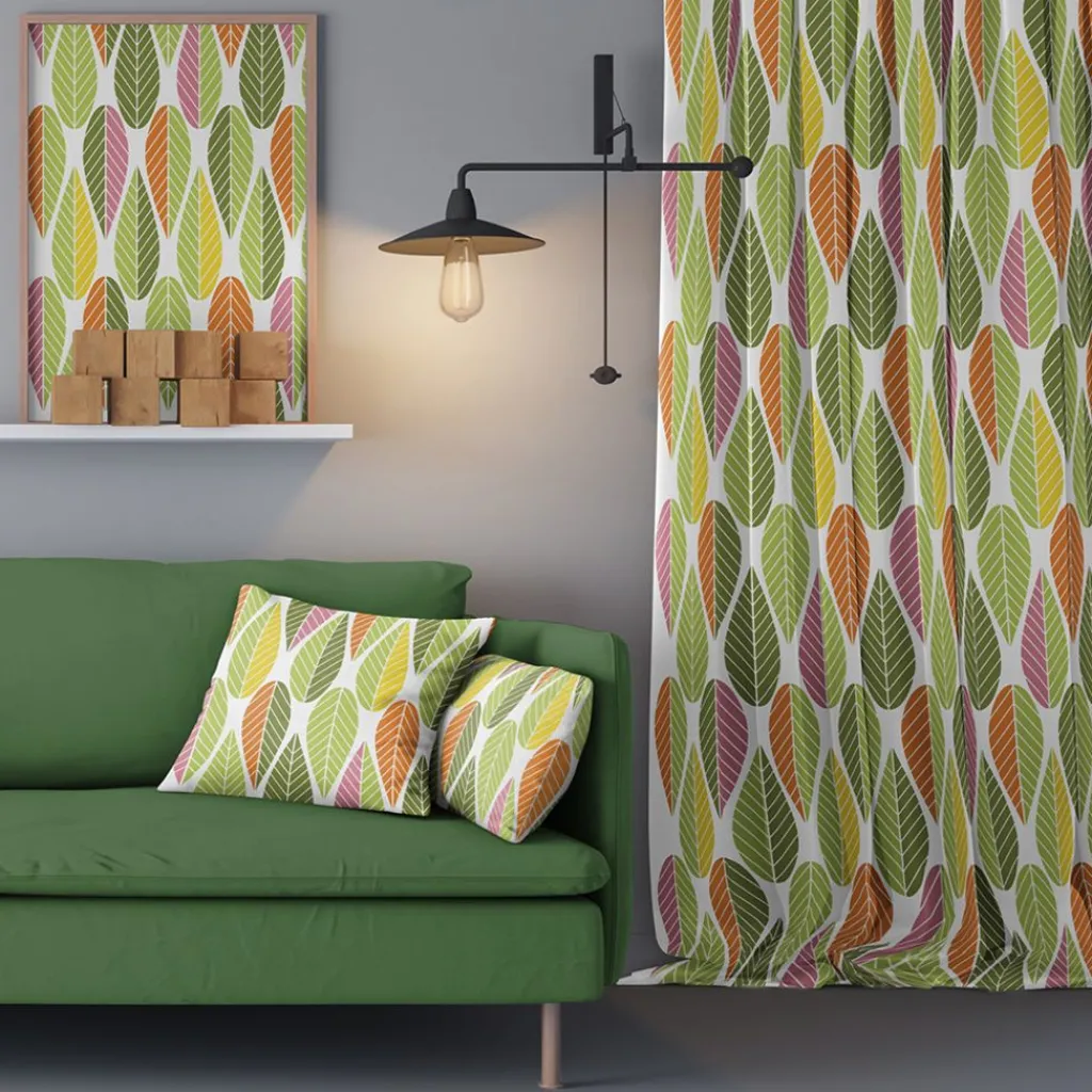 Arvidssons textil Gardiner Mönstrade|Blader grön-gul gardiner