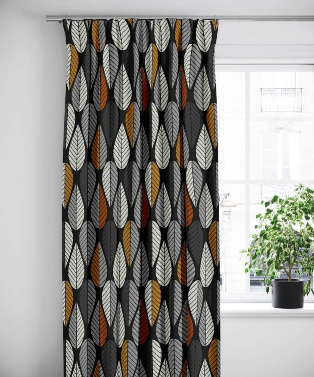 Arvidssons textil Gardiner Mönstrade|Blader svart-orange gardiner