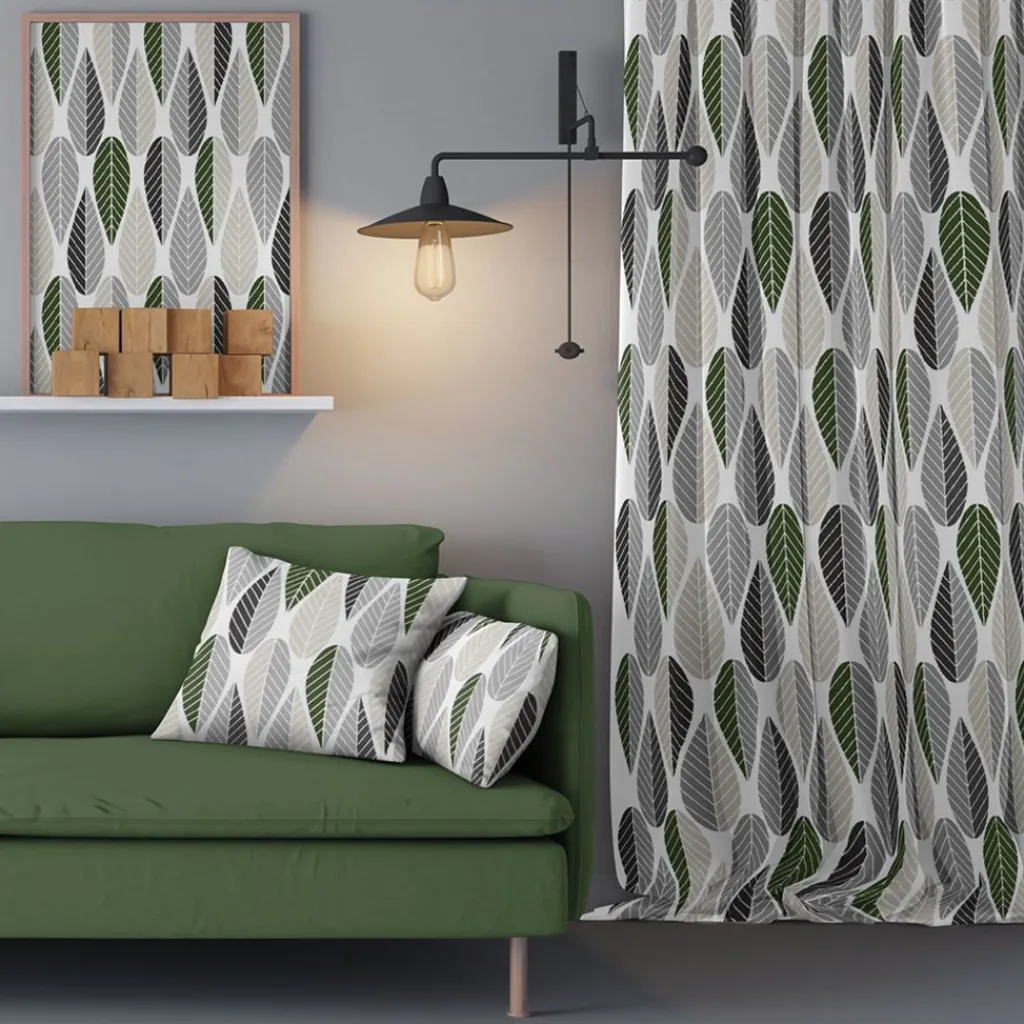 Arvidssons textil Gardiner Mönstrade|Blader vit-grå gardiner