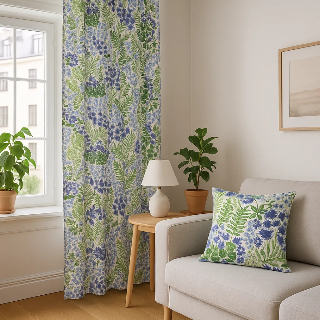 Arvidssons textil Gardiner Mönstrade|Blå blom vit gardiner