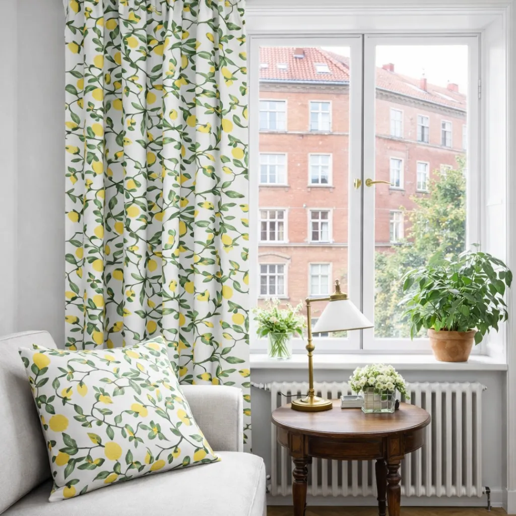Arvidssons textil Gardintyger Mönstrade|Arvidssons Textil|Citronträd gul - tyg med citroner