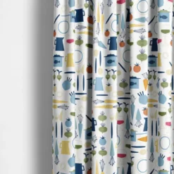 Arvidssons textil Gardintyger Mönstrade|Arvidssons Textil|Dinner blå tyg med retro köksmotiv
