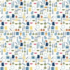 Arvidssons textil Gardintyger Mönstrade|Arvidssons Textil|Dinner blå tyg med retro köksmotiv
