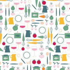 Arvidssons textil Gardintyger Mönstrade|Arvidssons Textil|Dinner grön tyg med retro köksmotiv
