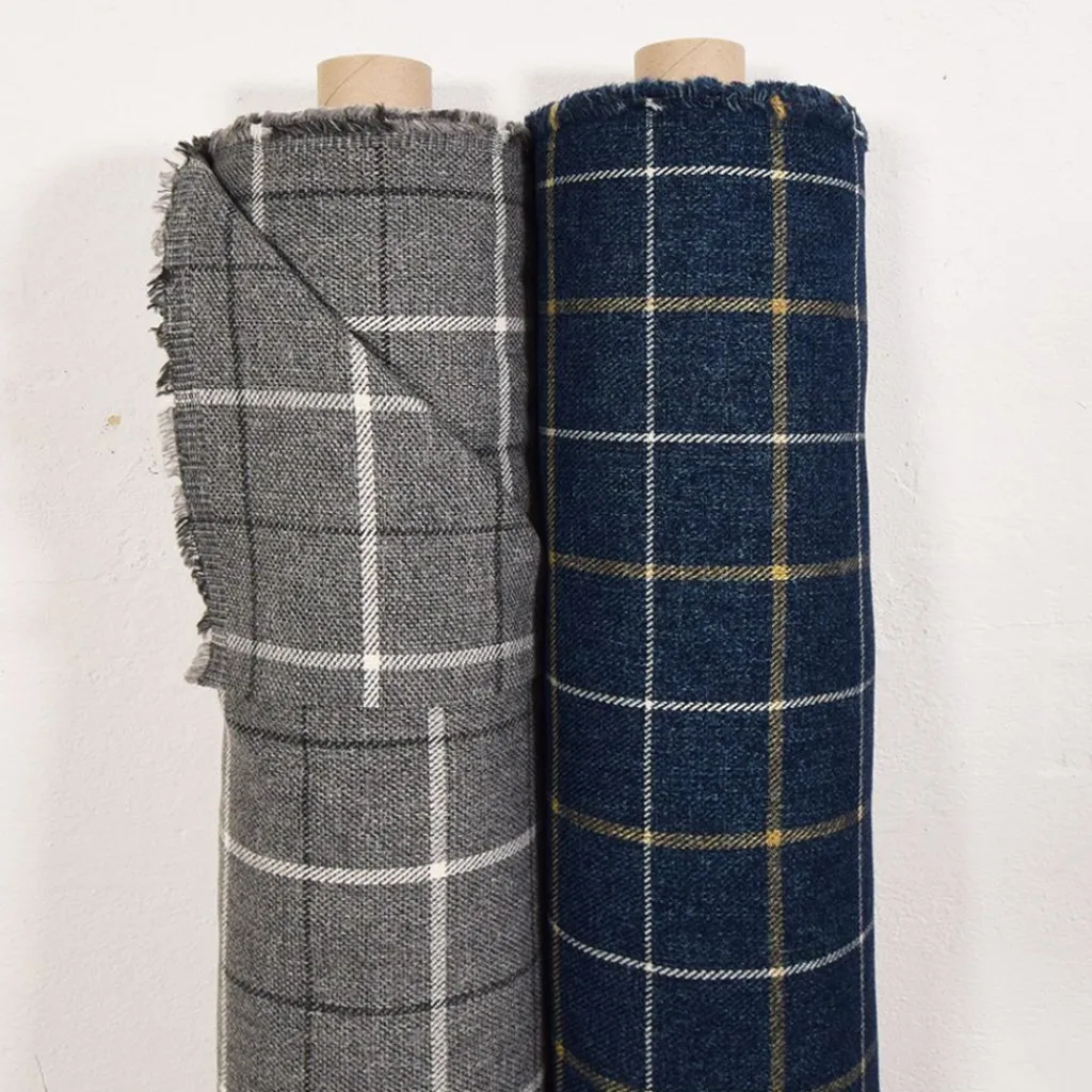 Nordisk Textil Rutiga Möbeltyger|Eton blå rutigt möbeltyg med vita och gula ränder