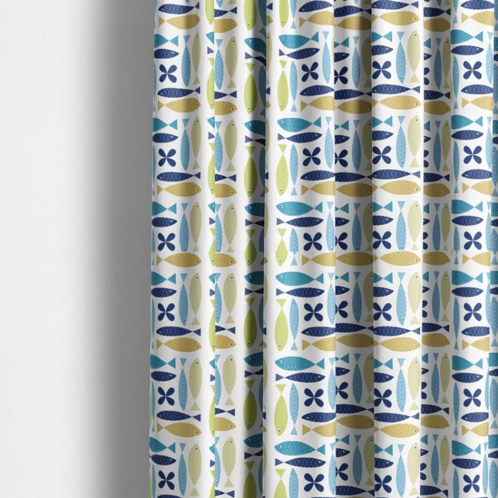 Arvidssons textil Gardintyger Mönstrade|Arvidssons Textil|Fina fisken turkos tyg – lekfullt designat med retro känsla