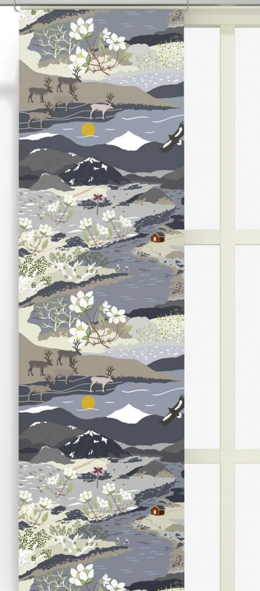 Arvidssons textil Panelgardiner|Fjällvandring blå panelgardiner med fjällmotiv