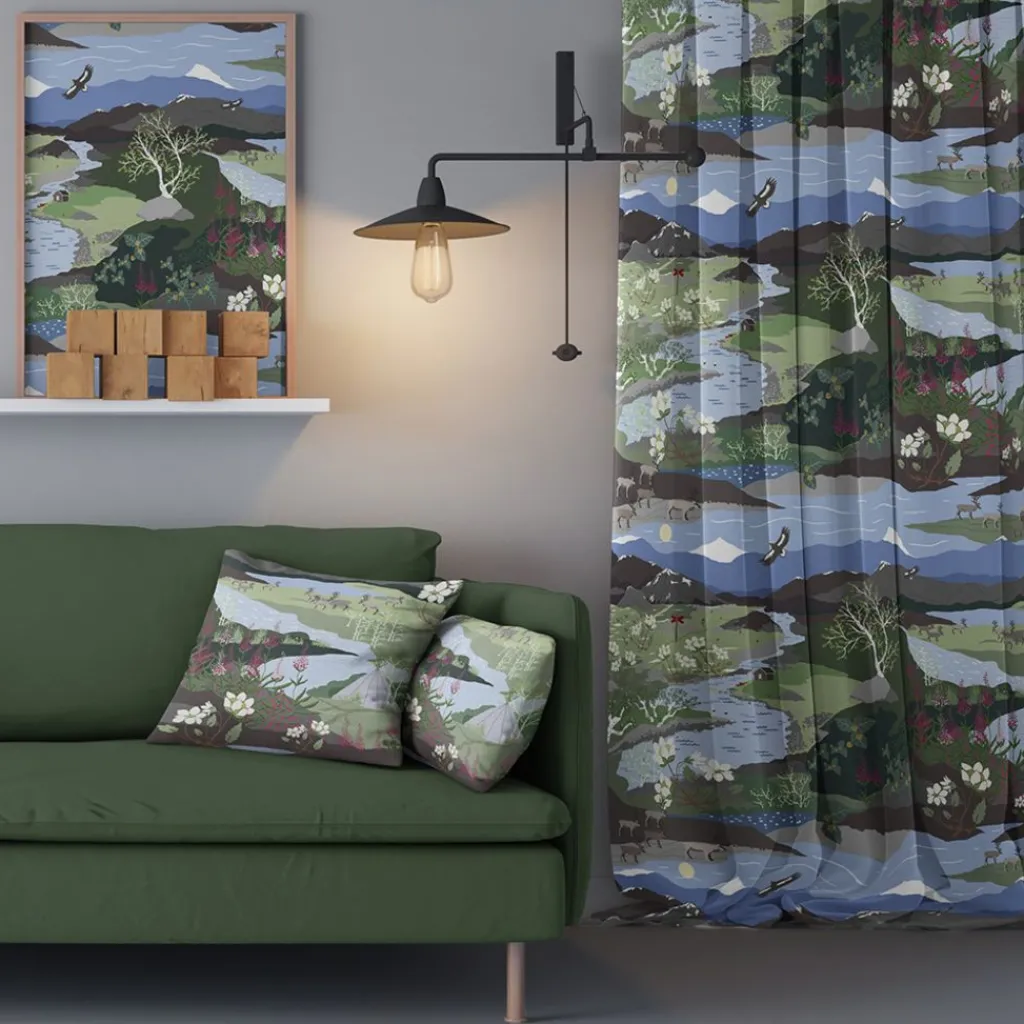 Arvidssons textil Gardiner Mönstrade|Fjällvandring grön-blå gardiner
