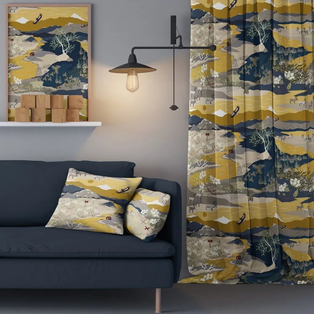 Arvidssons textil Gardiner Mönstrade|Fjällvandring gul-blå gardiner