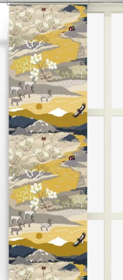 Arvidssons textil Panelgardiner|Fjällvandring gul-blå panelgardiner med fjällmotiv