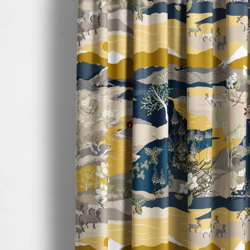 Arvidssons textil Gardintyger Mönstrade|Arvidssons Textil|Fjällvandring gul-blå tyg