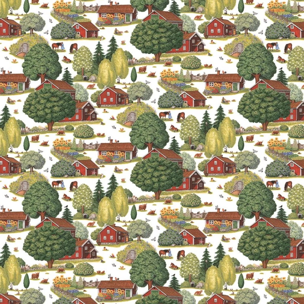Arvidssons textil Gardintyger Mönstrade|Arvidssons Textil|Ginkalunda grön-rött tyg – lantligt mönster med svensk idyll