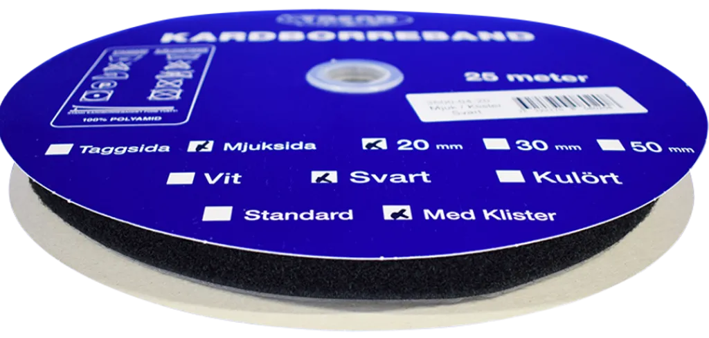 Kardborreband|Kardborreband mjuk klister svart 20mm - 25m rulle