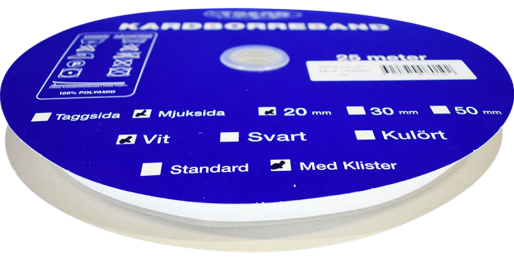Kardborreband|Kardborreband mjuk klister vit 20mm - 25m rulle