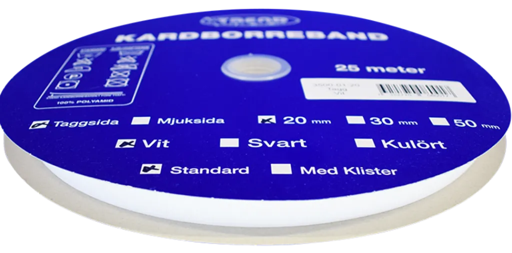 Kardborreband|Kardborreband tagg vit 20mm - 25m rulle