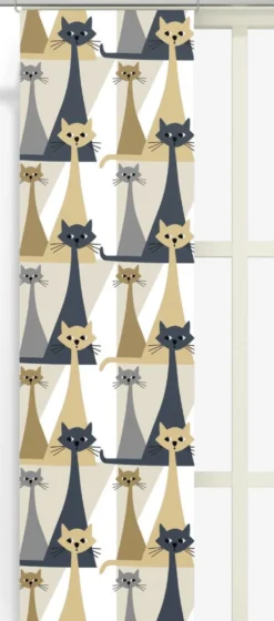 Arvidssons textil Panelgardiner|Kitty beige-grå panelgardiner med retro katter