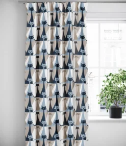 Arvidssons textil Gardiner Mönstrade|Kitty blå gardiner med retro katter