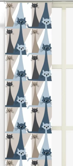 Arvidssons textil Panelgardiner|Kitty blå panelgardiner med retro katter
