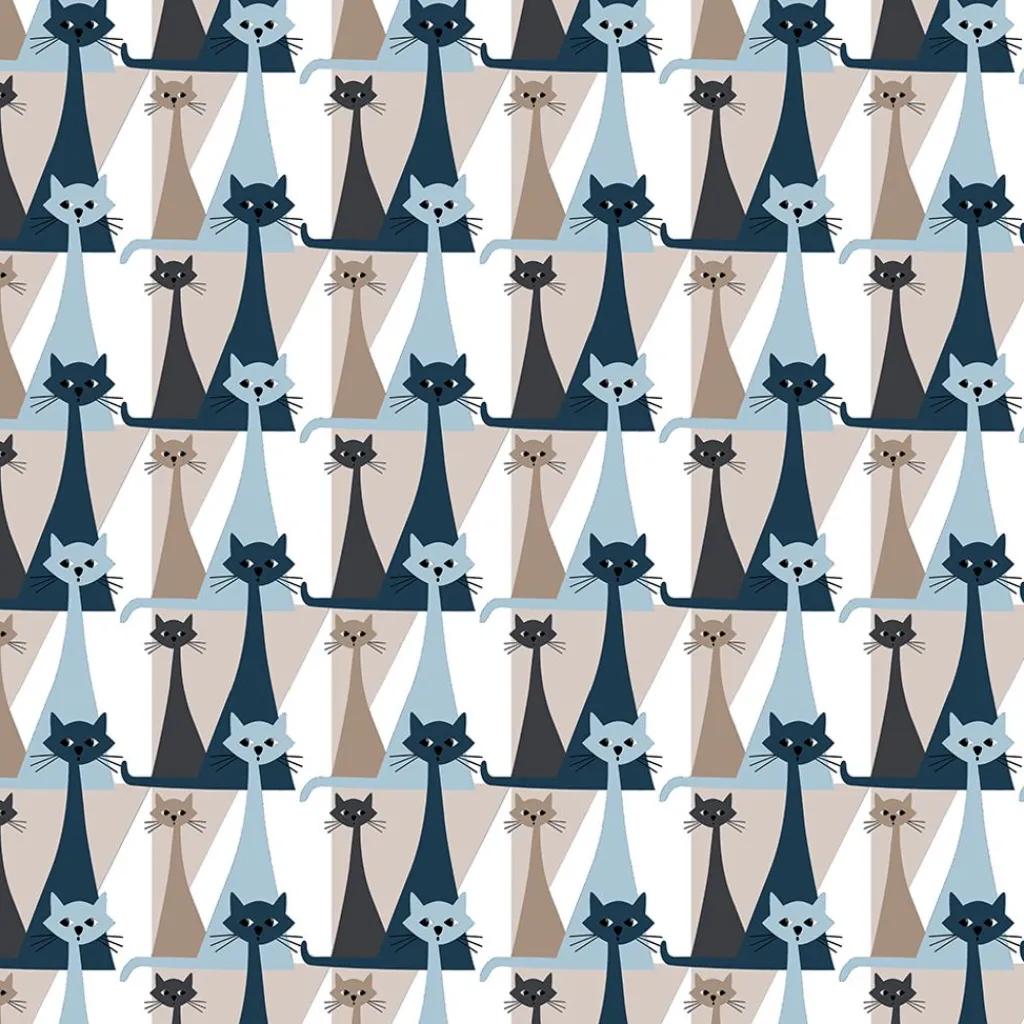 Arvidssons textil Gardintyger Mönstrade|Arvidssons Textil|Kitty blå tyg med retro katter