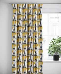 Arvidssons textil Gardiner Mönstrade|Kitty gul gardiner med retro katter