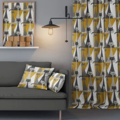 Arvidssons textil Gardintyger Mönstrade|Arvidssons Textil|Kitty gul tyg med retro katter