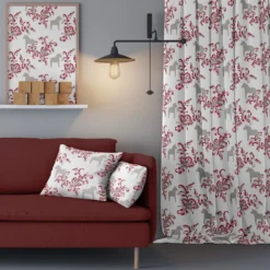 Arvidssons textil Gardintyger Mönstrade|Rea Gardintyger|Kurbits beige-röd tyg med dalahästar