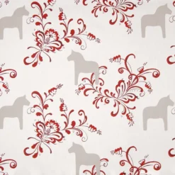 Arvidssons textil Gardintyger Mönstrade|Rea Gardintyger|Kurbits beige-röd tyg med dalahästar