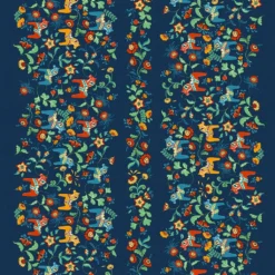 Arvidssons textil Gardintyger Mönstrade|Arvidssons Textil|Leksand bård blå tyg med traditionellt dalahästtryck