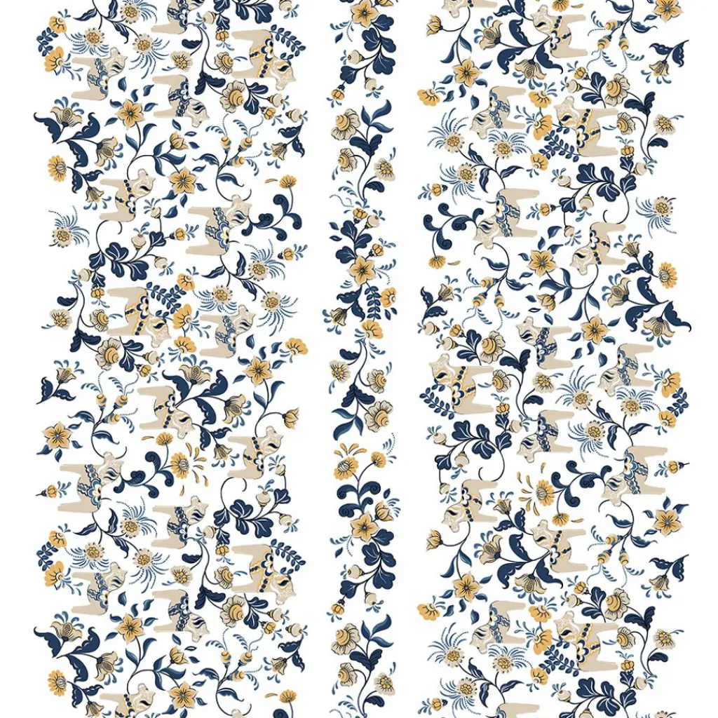 Arvidssons textil Gardintyger Mönstrade|Arvidssons Textil|Leksand bård mörkblå tyg med traditionellt dalahästtryck
