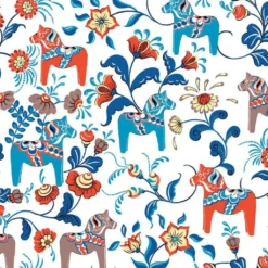 Arvidssons textil Gardintyger Mönstrade|Arvidssons Textil|Leksand dalablå tyg med traditionellt dalahästtryck