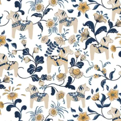 Arvidssons textil Gardintyger Mönstrade|Arvidssons Textil|Leksand mörkblå tyg med traditionellt dalahästtryck