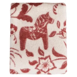 Arvidssons textil Ullplädar|Leksand röd ullpläd 130x170cm – dalahästar i 100% ull