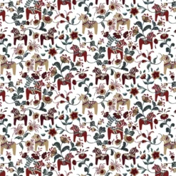 Arvidssons textil Gardintyger Mönstrade|Arvidssons Textil|Leksand vinröd-petrol tyg med traditionellt dalahästtryck