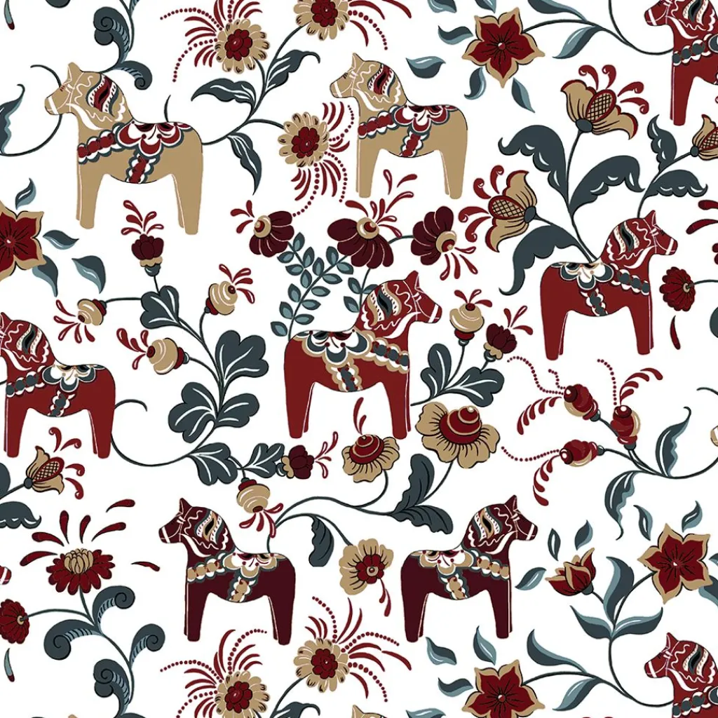Arvidssons textil Gardintyger Mönstrade|Arvidssons Textil|Leksand vinröd-petrol tyg med traditionellt dalahästtryck