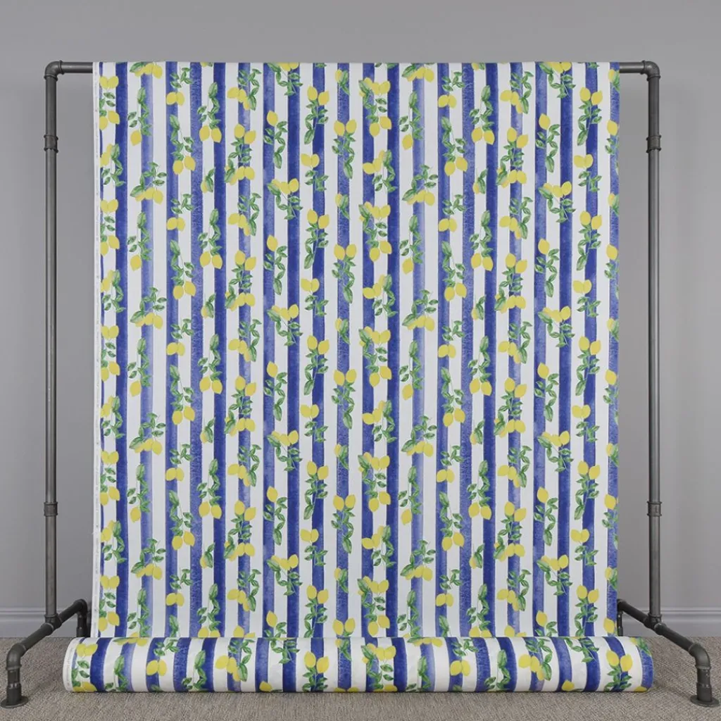 Gardintyger Mönstrade|Lemon stripe tyg - ränder och citroner