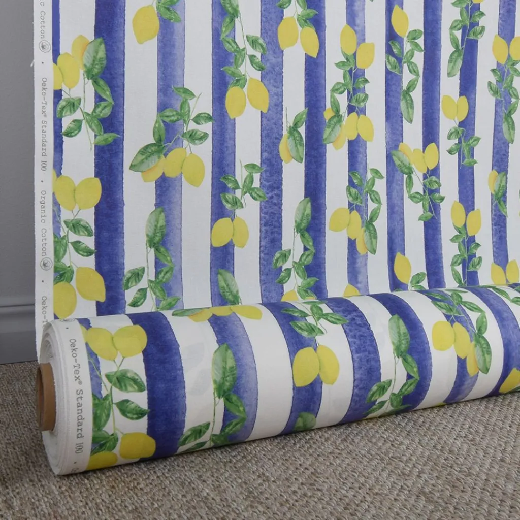Gardintyger Mönstrade|Lemon stripe tyg - ränder och citroner