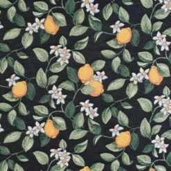 Blommiga Möbeltyger|Mönstrade Möbeltyger|Lemon svart jaquard möbeltyg med citroner