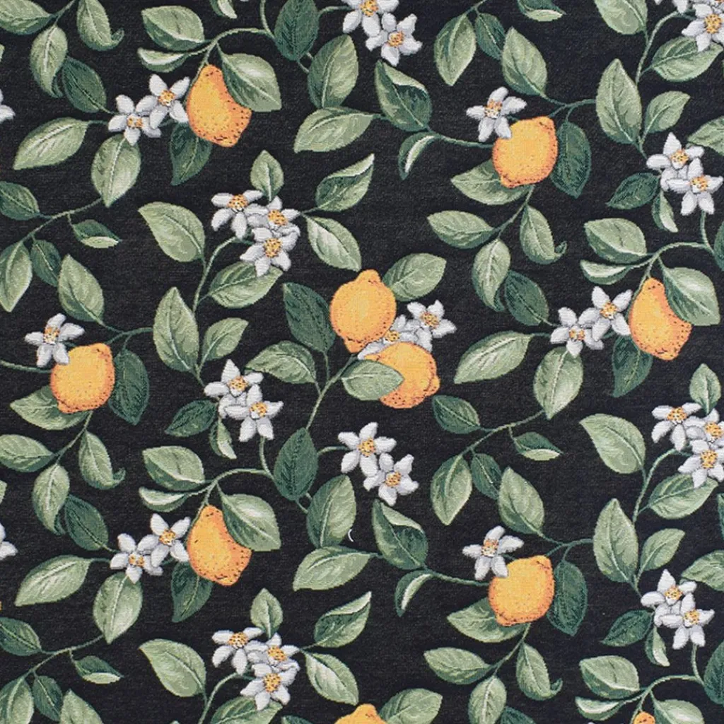 Blommiga Möbeltyger|Mönstrade Möbeltyger|Lemon svart jaquard möbeltyg med citroner