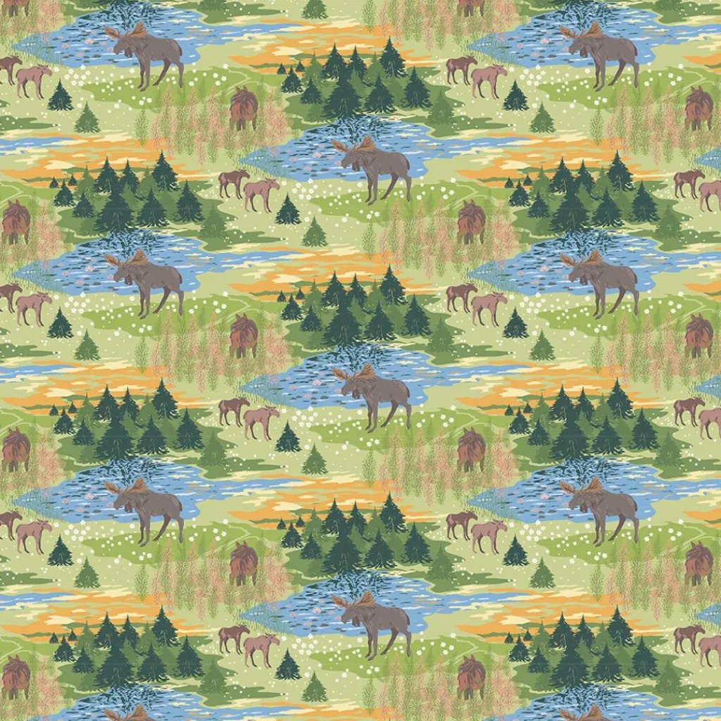 Arvidssons textil Gardintyger Mönstrade|Arvidssons Textil|Älgrike grön tyg – Grön Tyg med Älgar och Skog