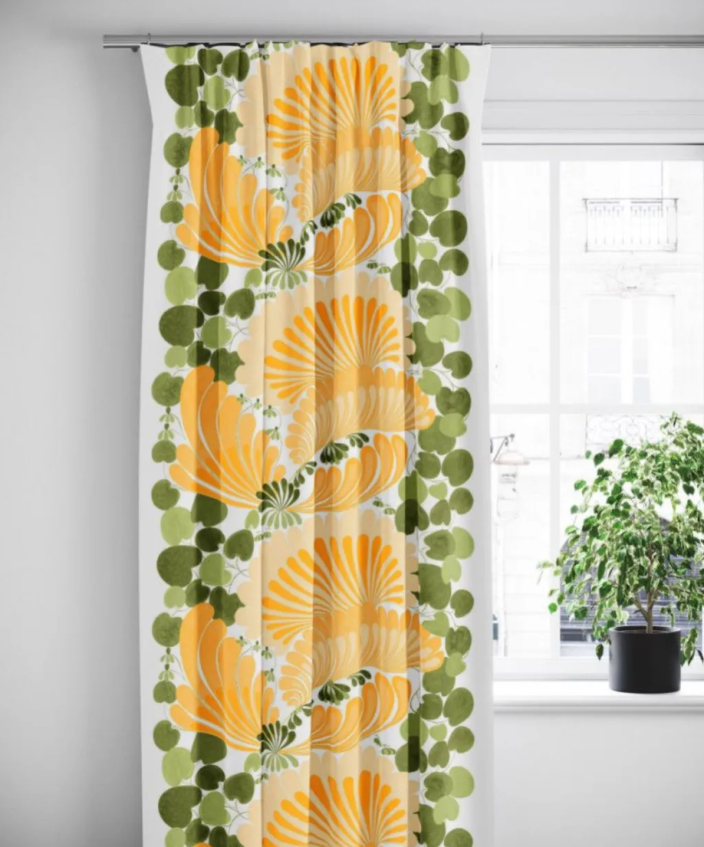 Arvidssons textil Arvidssons Textil|Lisette gul tyg - livfullt tryck med grafisk 70-talskänsla