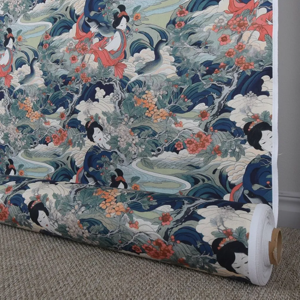 Nordisk Textil Gardintyger Mönstrade|Naoki Emerald tyg med japanskt mönster