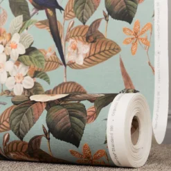 Gardintyger Mönstrade|Philodendron tyg - turkost med tropiska fåglar och blommor