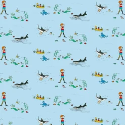 Barn Arvidssons textil Gardintyger Mönstrade|Barnmönster|Pippi i söderhavet blå tyg