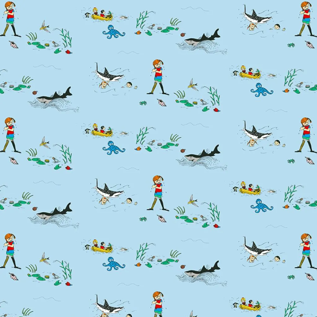 Barn Arvidssons textil Gardintyger Mönstrade|Barnmönster|Pippi i söderhavet blå tyg