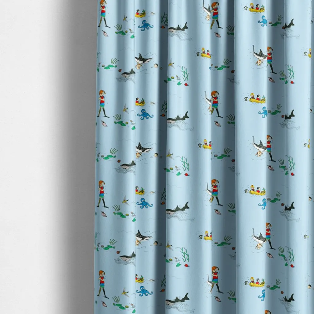 Barn Arvidssons textil Gardintyger Mönstrade|Barnmönster|Pippi i söderhavet blå tyg