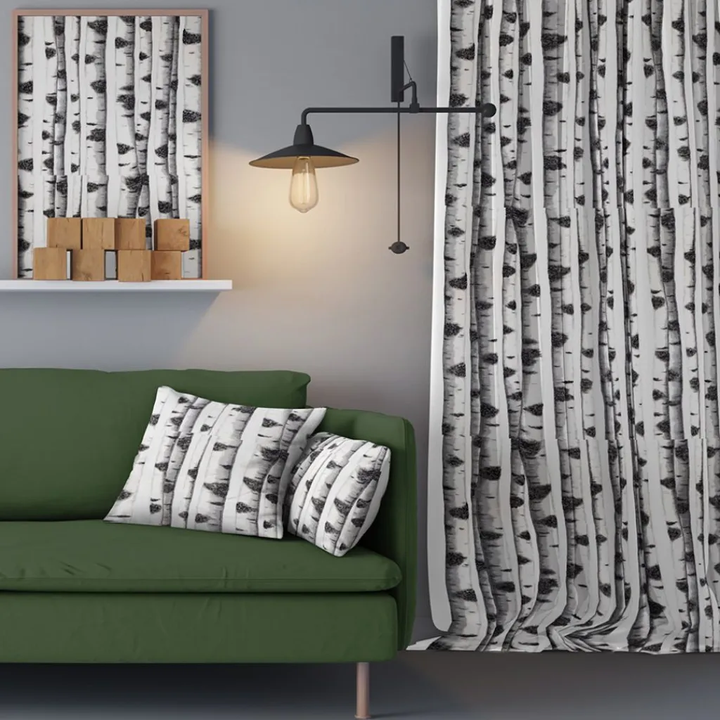 Arvidssons textil Gardintyger Mönstrade|Arvidssons Textil|Skogsbryn tyg med björkstammar