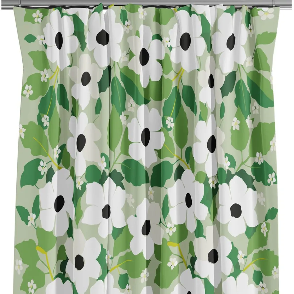 Arvidssons textil Gardiner Mönstrade|Svartöga grön – blommiga gardiner med vita blommor och gröna blad