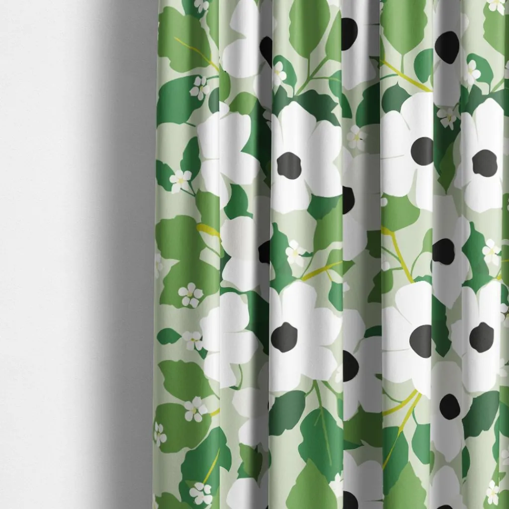 Arvidssons textil Gardiner Mönstrade|Svartöga grön – blommiga gardiner med vita blommor och gröna blad